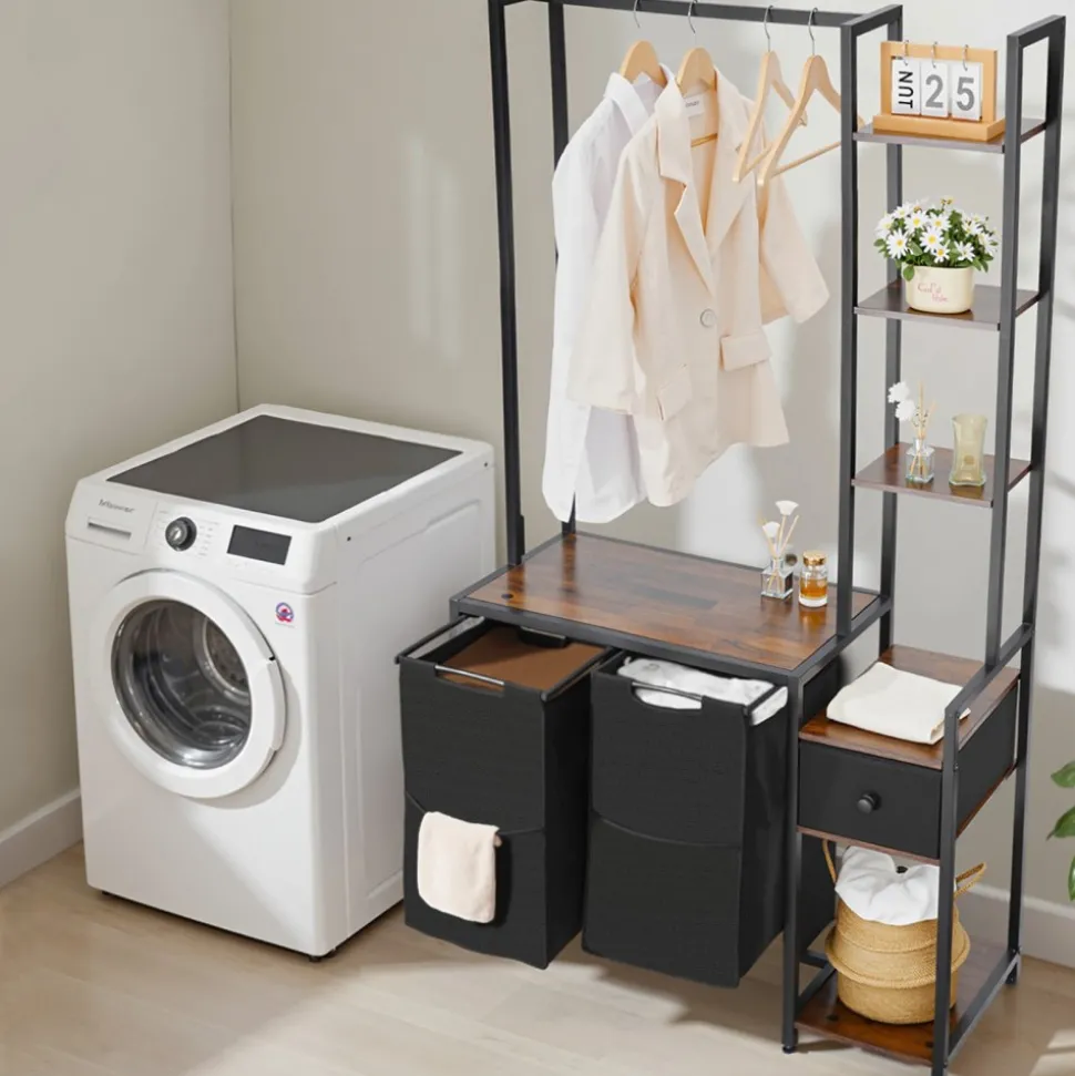VEVOR 3 Tiers Laundry Sorter with Rack, Tall Laundry Hamper with Shelves and Drawers, 2 Section Freestanding Hanging Rack Storage with 600D Oxford Cloth Bags and Ladder Shelves for Dirty Clothes
