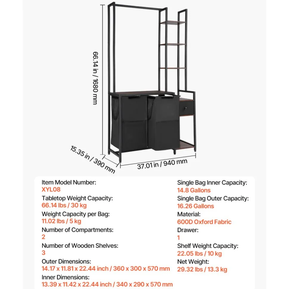 VEVOR 3 Tiers Laundry Sorter with Rack, Tall Laundry Hamper with Shelves and Drawers, 2 Section Freestanding Hanging Rack Storage with 600D Oxford Cloth Bags and Ladder Shelves for Dirty Clothes
