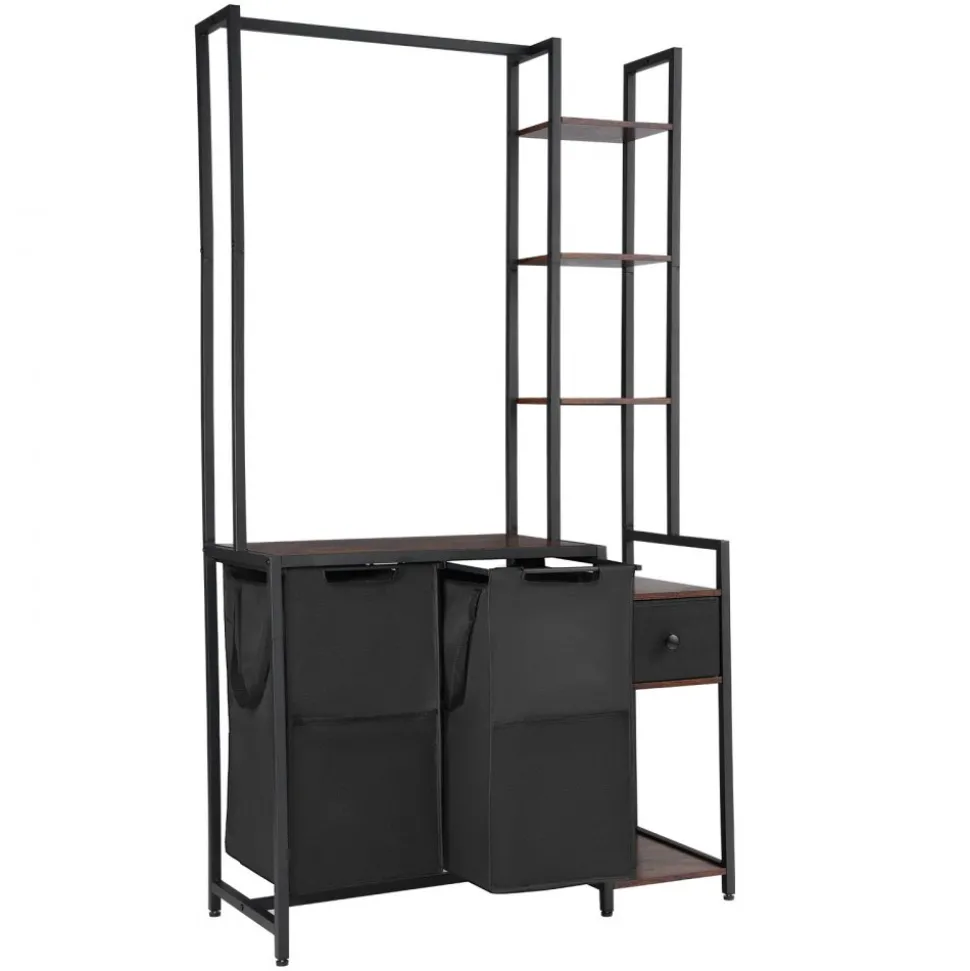 VEVOR 3 Tiers Laundry Sorter with Rack, Tall Laundry Hamper with Shelves and Drawers, 2 Section Freestanding Hanging Rack Storage with 600D Oxford Cloth Bags and Ladder Shelves for Dirty Clothes