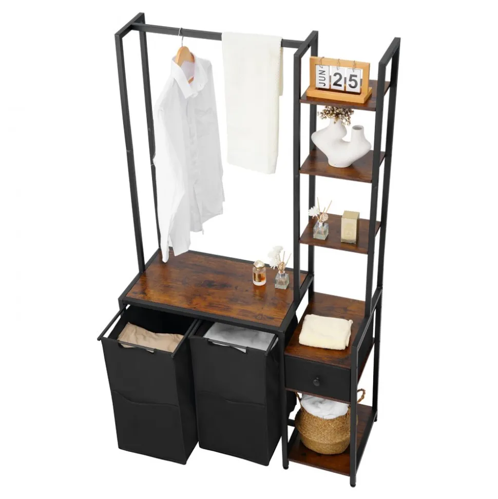 VEVOR 3 Tiers Laundry Sorter with Rack, Tall Laundry Hamper with Shelves and Drawers, 2 Section Freestanding Hanging Rack Storage with 600D Oxford Cloth Bags and Ladder Shelves for Dirty Clothes