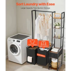 VEVOR 3 Tiers Laundry Sorter with Rack, Tall Laundry Hamper with Shelves and Drawers, 2 Section Freestanding Hanging Rack Storage with 600D Oxford Cloth Bags and Ladder Shelves for Dirty Clothes