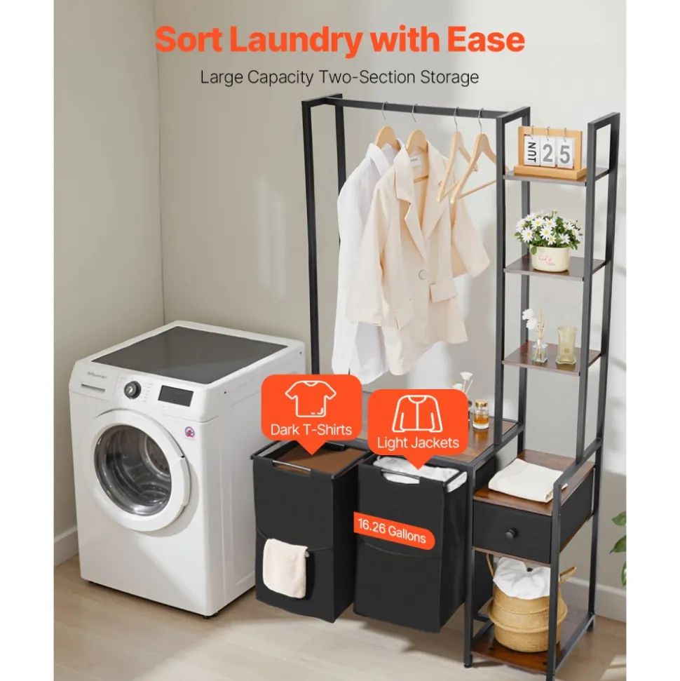 VEVOR 3 Tiers Laundry Sorter with Rack, Tall Laundry Hamper with Shelves and Drawers, 2 Section Freestanding Hanging Rack Storage with 600D Oxford Cloth Bags and Ladder Shelves for Dirty Clothes