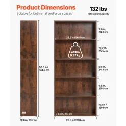 VEVOR 5 Tiers Narrow Bookshelf, 53 in Wooden Open Bookcase with Height-Adjustable Shelf, Freestanding Tall Display Storage Floor Bookcase Bookshelf for Library, Bedroom, Living Room, Office, Brown