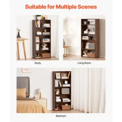 VEVOR 5 Tiers Narrow Bookshelf, 53 in Wooden Open Bookcase with Height-Adjustable Shelf, Freestanding Tall Display Storage Floor Bookcase Bookshelf for Library, Bedroom, Living Room, Office, Brown
