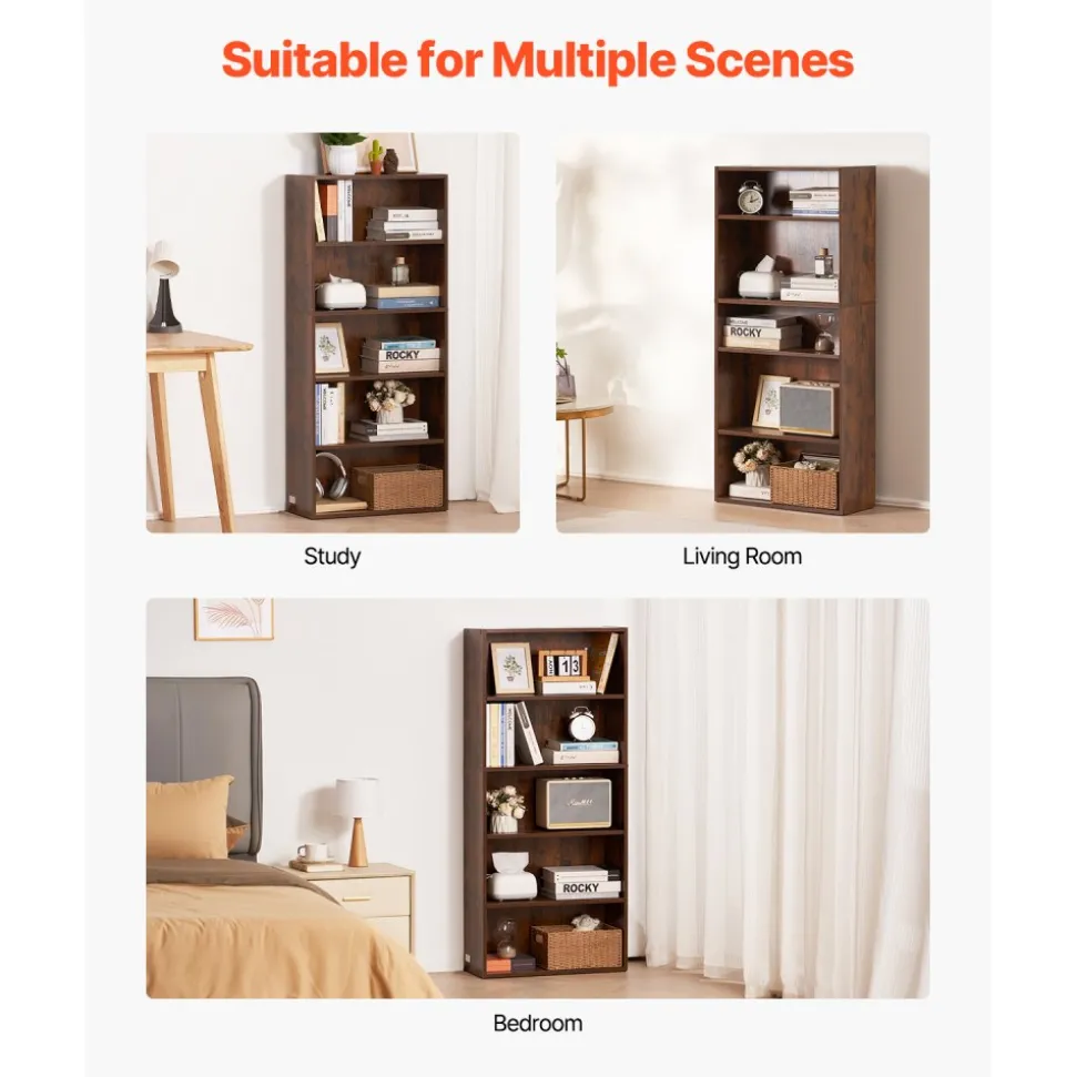 VEVOR 5 Tiers Narrow Bookshelf, 53 in Wooden Open Bookcase with Height-Adjustable Shelf, Freestanding Tall Display Storage Floor Bookcase Bookshelf for Library, Bedroom, Living Room, Office, Brown