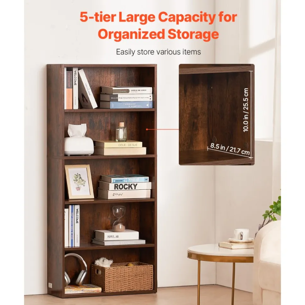 VEVOR 5 Tiers Narrow Bookshelf, 53 in Wooden Open Bookcase with Height-Adjustable Shelf, Freestanding Tall Display Storage Floor Bookcase Bookshelf for Library, Bedroom, Living Room, Office, Brown