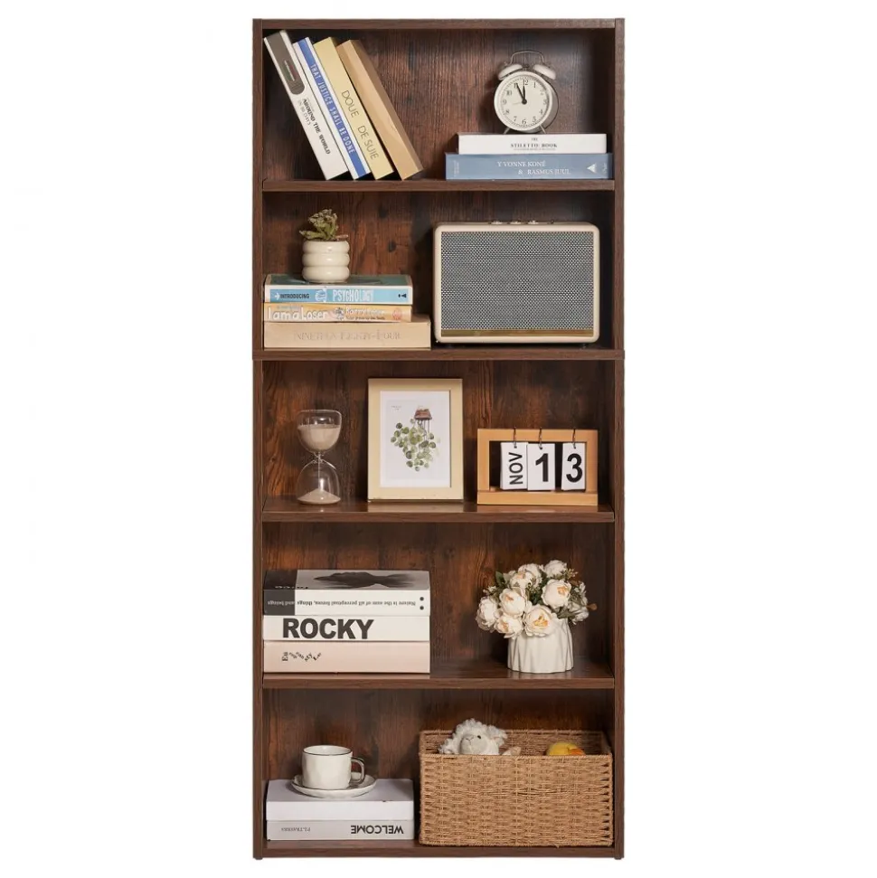 VEVOR 5 Tiers Narrow Bookshelf, 53 in Wooden Open Bookcase with Height-Adjustable Shelf, Freestanding Tall Display Storage Floor Bookcase Bookshelf for Library, Bedroom, Living Room, Office, Brown
