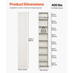 VEVOR 8 Tiers Narrow Bookshelf, 71 in Wooden Tall Open Bookcase with  Height-Adjustable Shelf, Freestanding Display Storage Floor Bookcase Bookshelf for Library, Bedroom, Living Room, Office, White