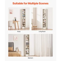 VEVOR 8 Tiers Narrow Bookshelf, 71 in Wooden Tall Open Bookcase with  Height-Adjustable Shelf, Freestanding Display Storage Floor Bookcase Bookshelf for Library, Bedroom, Living Room, Office, White