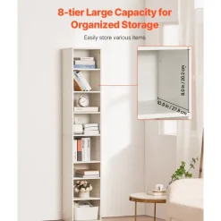 VEVOR 8 Tiers Narrow Bookshelf, 71 in Wooden Tall Open Bookcase with  Height-Adjustable Shelf, Freestanding Display Storage Floor Bookcase Bookshelf for Library, Bedroom, Living Room, Office, White