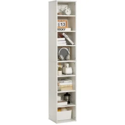 VEVOR 8 Tiers Narrow Bookshelf, 71 in Wooden Tall Open Bookcase with  Height-Adjustable Shelf, Freestanding Display Storage Floor Bookcase Bookshelf for Library, Bedroom, Living Room, Office, White