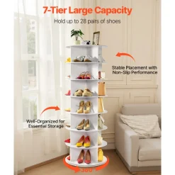 VEVOR 7 Tiers Rotating Shoe Rack Tower, 360° Spinning Shoe Rack, Revolving Storage Round Carousel Display, Freestanding Lazy Susan Organizer Display for Bedroom, Living Room, Entryway, Closet, White