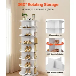 VEVOR 7 Tiers Rotating Shoe Rack Tower, 360° Spinning Shoe Rack, Revolving Storage Round Carousel Display, Freestanding Lazy Susan Organizer Display for Bedroom, Living Room, Entryway, Closet, White