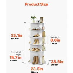 VEVOR 5 Tiers Rotating Shoe Rack Tower, 360° Spinning Shoe Rack, Revolving Storage Round Carousel Display, Freestanding Lazy Susan Organizer Display for Bedroom, Living Room, Entryway, Closet, White
