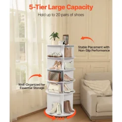 VEVOR 5 Tiers Rotating Shoe Rack Tower, 360° Spinning Shoe Rack, Revolving Storage Round Carousel Display, Freestanding Lazy Susan Organizer Display for Bedroom, Living Room, Entryway, Closet, White