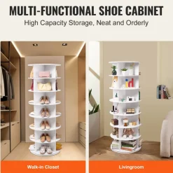 VEVOR 7 Tiers Rotating Shoe Rack Tower, 360°Spinning Shoe Display, Revolving Shoe Rack Storage Round Carousel, Lazy Susan Shoe Rack Organizer, Ideal for Bedroom, Living Room, Entryway, White