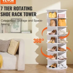 VEVOR 7 Tiers Rotating Shoe Rack Tower, 360°Spinning Shoe Display, Revolving Shoe Rack Storage Round Carousel, Lazy Susan Shoe Rack Organizer, Ideal for Bedroom, Living Room, Entryway, White