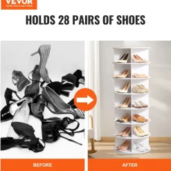 VEVOR 7 Tiers Rotating Shoe Rack Tower, 360°Spinning Shoe Display, Revolving Shoe Rack Storage Round Carousel, Lazy Susan Shoe Rack Organizer, Ideal for Bedroom, Living Room, Entryway, White