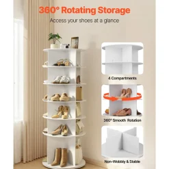 VEVOR 6 Tiers Rotating Shoe Rack Tower, 360° Spinning Shoe Rack, Revolving Storage Round Carousel Display, Freestanding Lazy Susan Organizer Display for Bedroom, Living Room, Entryway, Closet, White