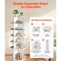 VEVOR 6 Tiers Rotating Shoe Rack Tower, 360° Spinning Shoe Rack, Revolving Storage Round Carousel Display, Freestanding Lazy Susan Organizer Display for Bedroom, Living Room, Entryway, Closet, White