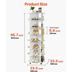 VEVOR 7 Tiers Rotating Shoe Rack Tower with Wheels, Movable 360° Spinning Carousel Display, Lazy Susan Organizer Closet Shelf for Living Room, Entryway, White