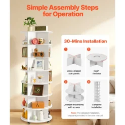 VEVOR 7 Tiers Rotating Shoe Rack Tower with Wheels, Movable 360° Spinning Carousel Display, Lazy Susan Organizer Closet Shelf for Living Room, Entryway, White