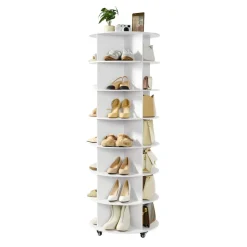 VEVOR 7 Tiers Rotating Shoe Rack Tower with Wheels, Movable 360° Spinning Carousel Display, Lazy Susan Organizer Closet Shelf for Living Room, Entryway, White