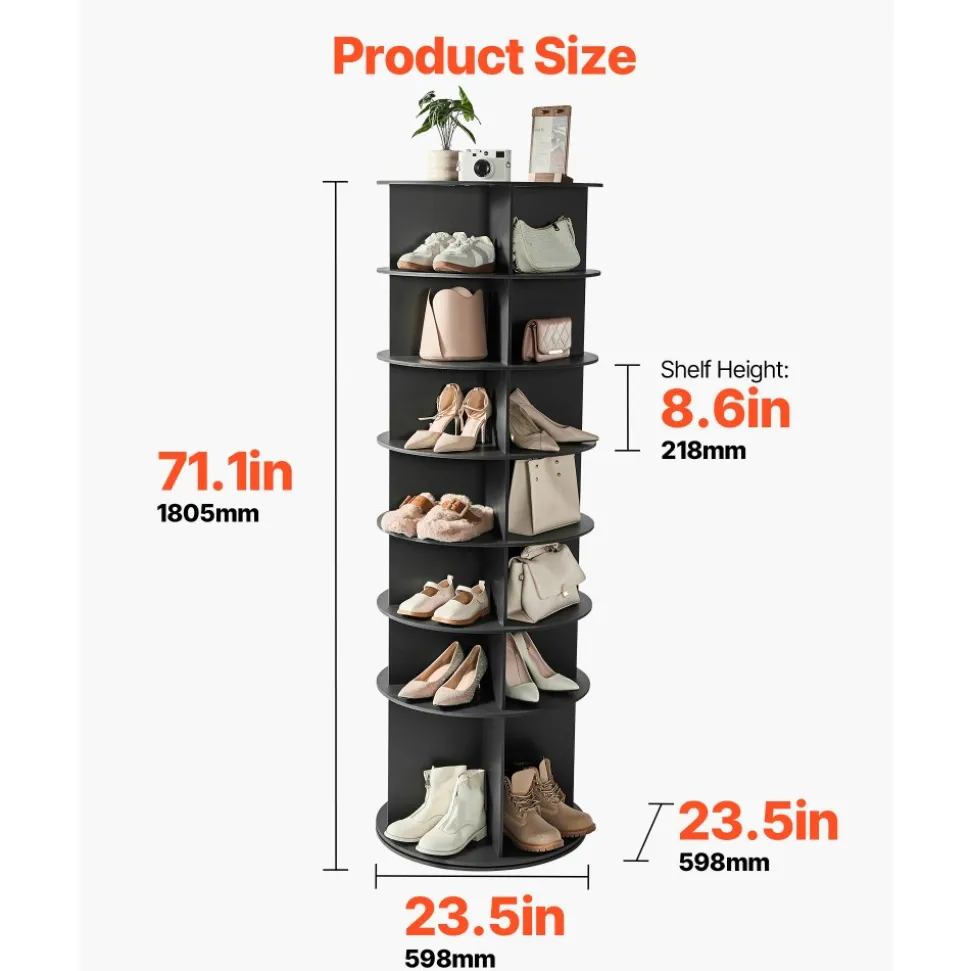 VEVOR 7 Tiers Rotating Shoe Rack Tower, 360° Spinning Shoe Rack, Revolving Storage Round Carousel Display, Freestanding Lazy Susan Organizer Display for Bedroom, Living Room, Entryway, Closet, Black