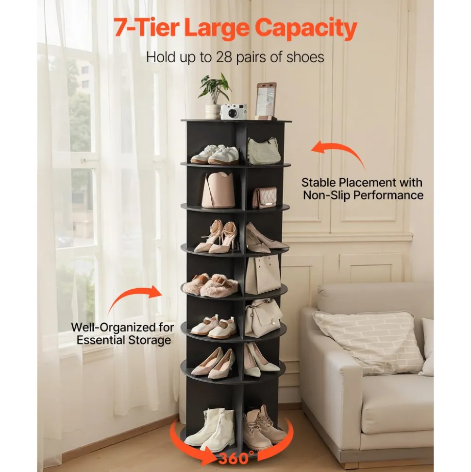 VEVOR 7 Tiers Rotating Shoe Rack Tower, 360° Spinning Shoe Rack, Revolving Storage Round Carousel Display, Freestanding Lazy Susan Organizer Display for Bedroom, Living Room, Entryway, Closet, Black