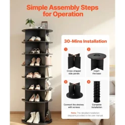 VEVOR 7 Tiers Rotating Shoe Rack Tower, 360° Spinning Shoe Rack, Revolving Storage Round Carousel Display, Freestanding Lazy Susan Organizer Display for Bedroom, Living Room, Entryway, Closet, Black