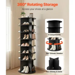 VEVOR 7 Tiers Rotating Shoe Rack Tower, 360° Spinning Shoe Rack, Revolving Storage Round Carousel Display, Freestanding Lazy Susan Organizer Display for Bedroom, Living Room, Entryway, Closet, Black