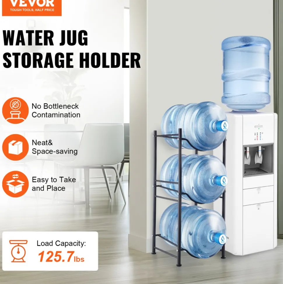 VEVOR 3 Tiers Water Jug Holder, 5 Gallon Water Bottle Holder, Single Row Water Bottle Rack for 3 Bottles, Heavy Duty Water Jug Rack for Kitchen, Office, Living Room, Black