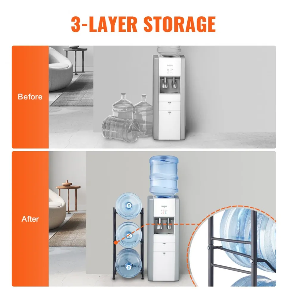 VEVOR 3 Tiers Water Jug Holder, 5 Gallon Water Bottle Holder, Single Row Water Bottle Rack for 3 Bottles, Heavy Duty Water Jug Rack for Kitchen, Office, Living Room, Black