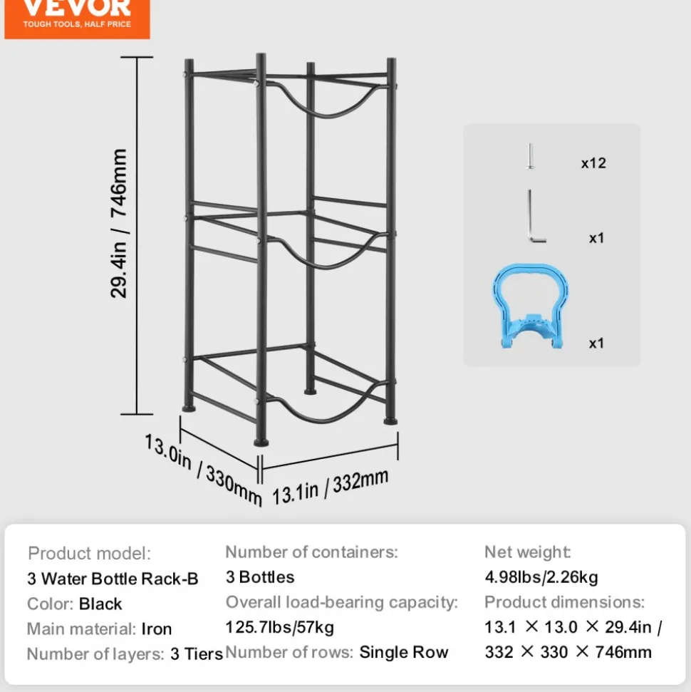 VEVOR 3 Tiers Water Jug Holder, 5 Gallon Water Bottle Holder, Single Row Water Bottle Rack for 3 Bottles, Heavy Duty Water Jug Rack for Kitchen, Office, Living Room, Black