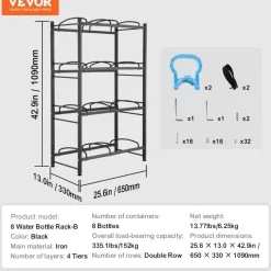 VEVOR 4 Tiers Water Jug Holder, 5 Gallon Water Bottle Holder, Double Row Water Bottle Rack for 8 Bottles, Heavy Duty Water Jug Rack for Kitchen, Office, Living Room, Black