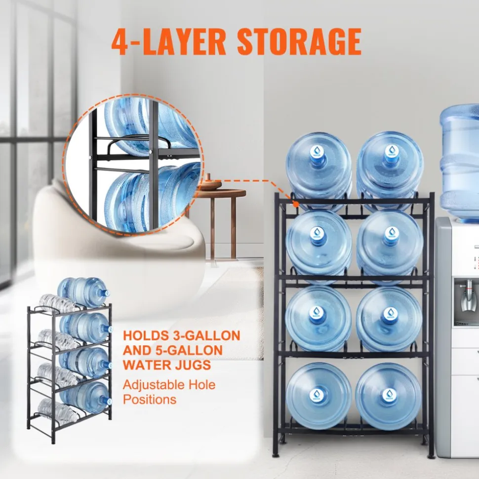 VEVOR 4 Tiers Water Jug Holder, 5 Gallon Water Bottle Holder, Double Row Water Bottle Rack for 8 Bottles, Heavy Duty Water Jug Rack for Kitchen, Office, Living Room, Black