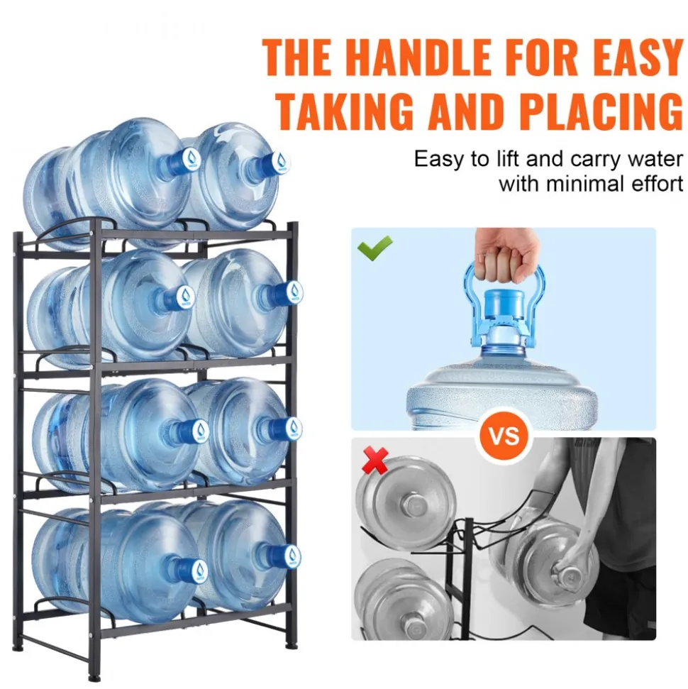 VEVOR 4 Tiers Water Jug Holder, 5 Gallon Water Bottle Holder, Double Row Water Bottle Rack for 8 Bottles, Heavy Duty Water Jug Rack for Kitchen, Office, Living Room, Black