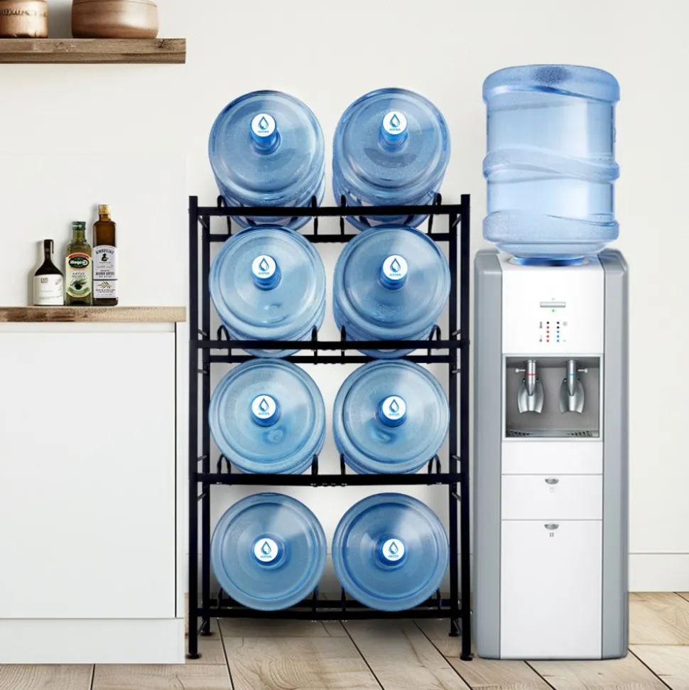 VEVOR 4 Tiers Water Jug Holder, 5 Gallon Water Bottle Holder, Double Row Water Bottle Rack for 8 Bottles, Heavy Duty Water Jug Rack for Kitchen, Office, Living Room, Black