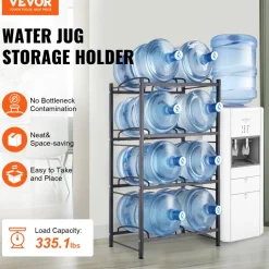 VEVOR 4 Tiers Water Jug Holder, 5 Gallon Water Bottle Holder, Double Row Water Bottle Rack for 8 Bottles, Heavy Duty Water Jug Rack for Kitchen, Office, Living Room, Black