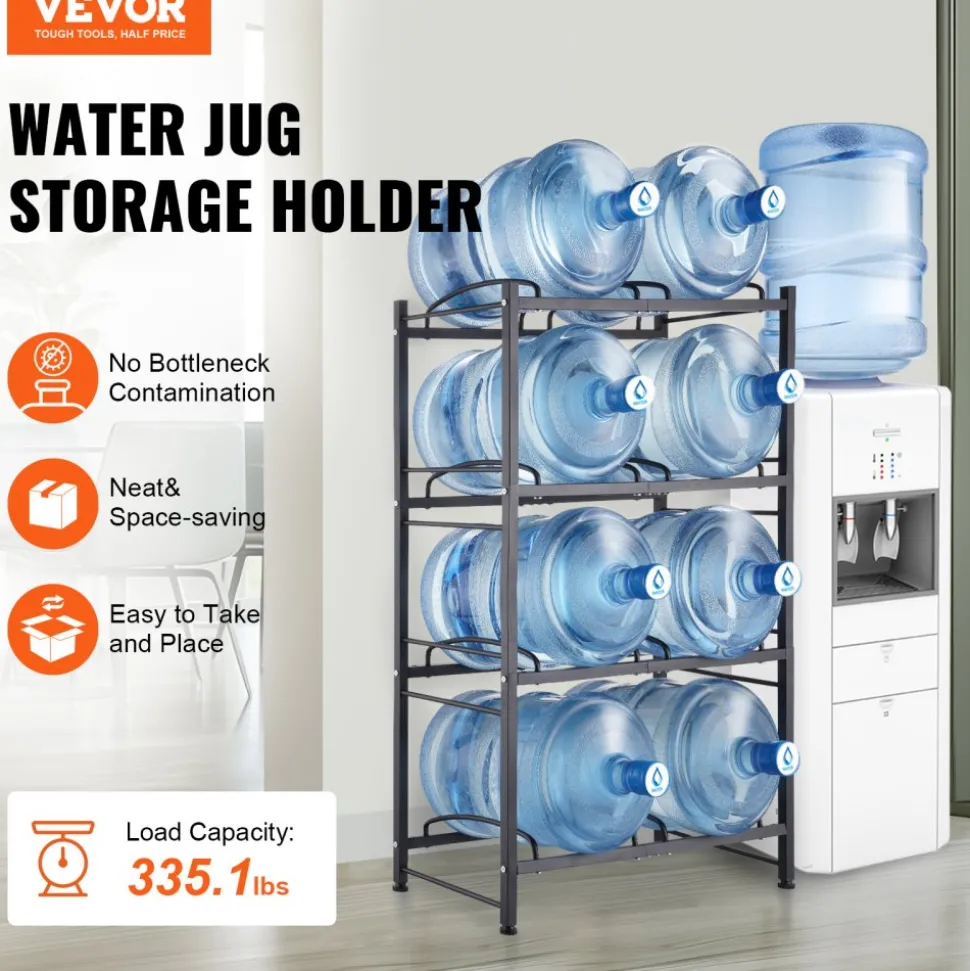 VEVOR 4 Tiers Water Jug Holder, 5 Gallon Water Bottle Holder, Double Row Water Bottle Rack for 8 Bottles, Heavy Duty Water Jug Rack for Kitchen, Office, Living Room, Black
