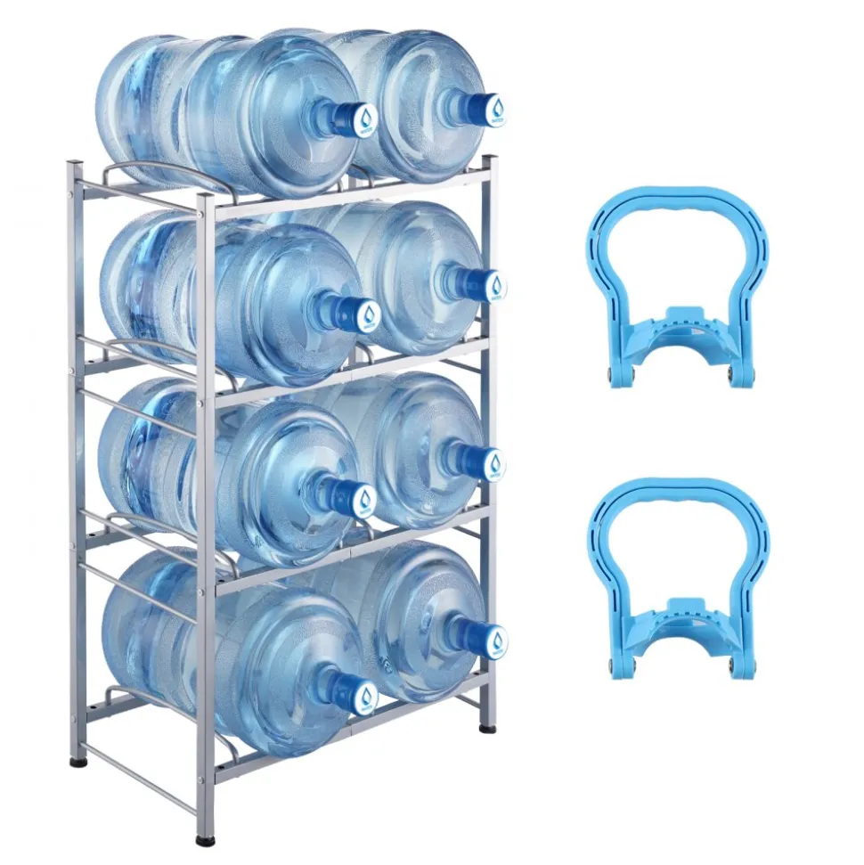 VEVOR 4 Tiers Water Jug Holder, 5 Gallon Water Bottle Holder, Double Row Water Bottle Rack for 8 Bottles, Heavy Duty Water Jug Rack for Kitchen, Office, Living Room, Silver