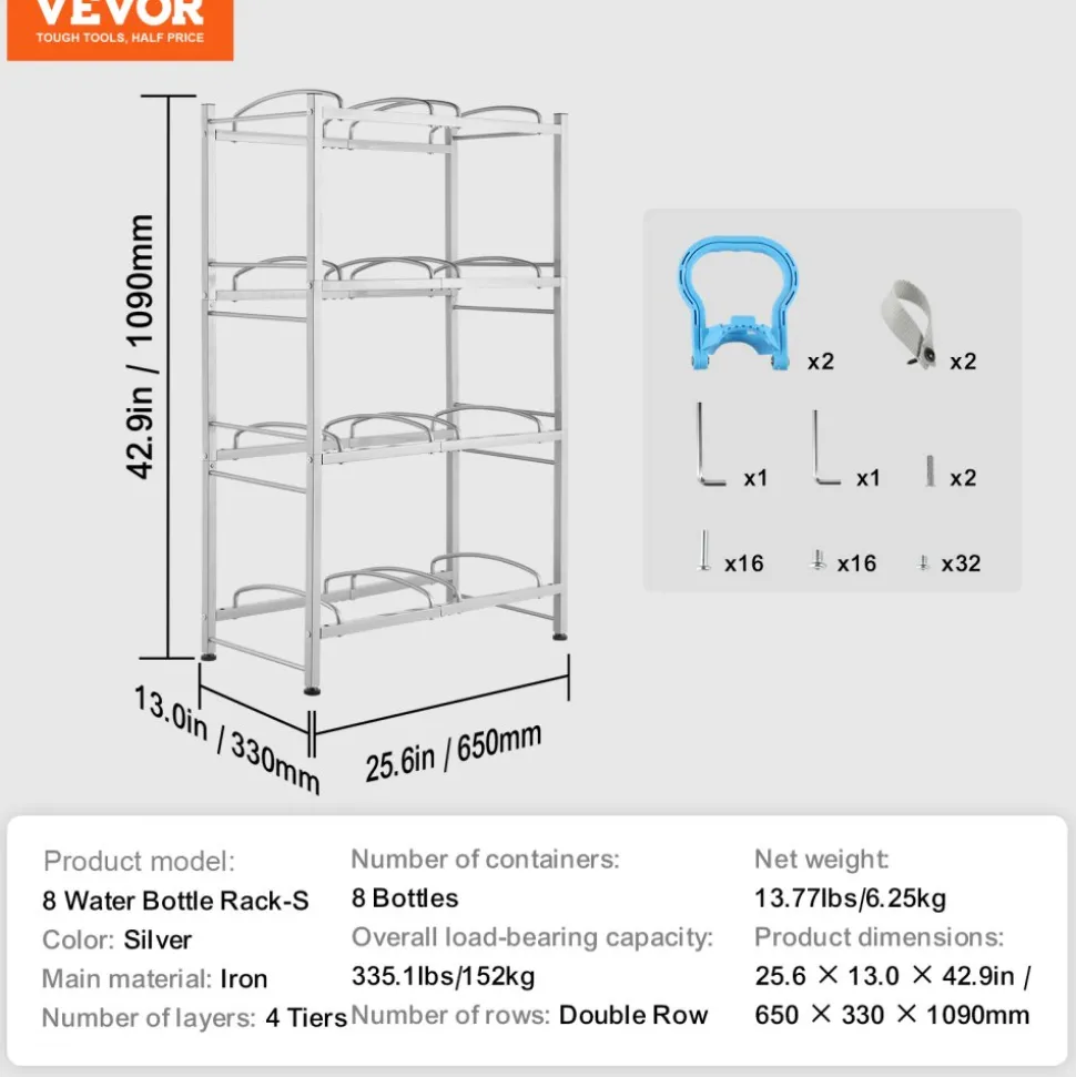VEVOR 4 Tiers Water Jug Holder, 5 Gallon Water Bottle Holder, Double Row Water Bottle Rack for 8 Bottles, Heavy Duty Water Jug Rack for Kitchen, Office, Living Room, Silver