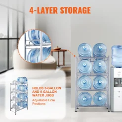 VEVOR 4 Tiers Water Jug Holder, 5 Gallon Water Bottle Holder, Double Row Water Bottle Rack for 8 Bottles, Heavy Duty Water Jug Rack for Kitchen, Office, Living Room, Silver