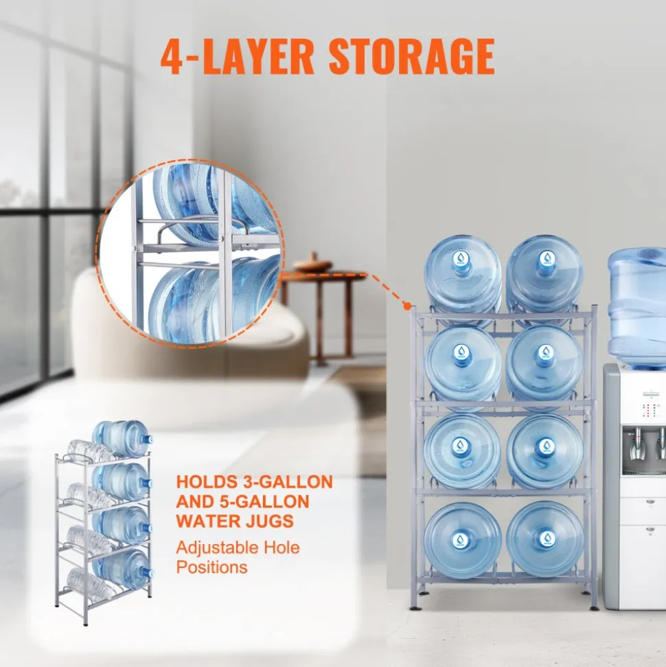 VEVOR 4 Tiers Water Jug Holder, 5 Gallon Water Bottle Holder, Double Row Water Bottle Rack for 8 Bottles, Heavy Duty Water Jug Rack for Kitchen, Office, Living Room, Silver