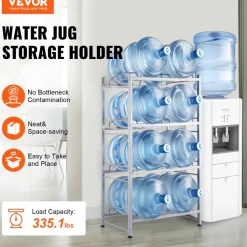 VEVOR 4 Tiers Water Jug Holder, 5 Gallon Water Bottle Holder, Double Row Water Bottle Rack for 8 Bottles, Heavy Duty Water Jug Rack for Kitchen, Office, Living Room, Silver