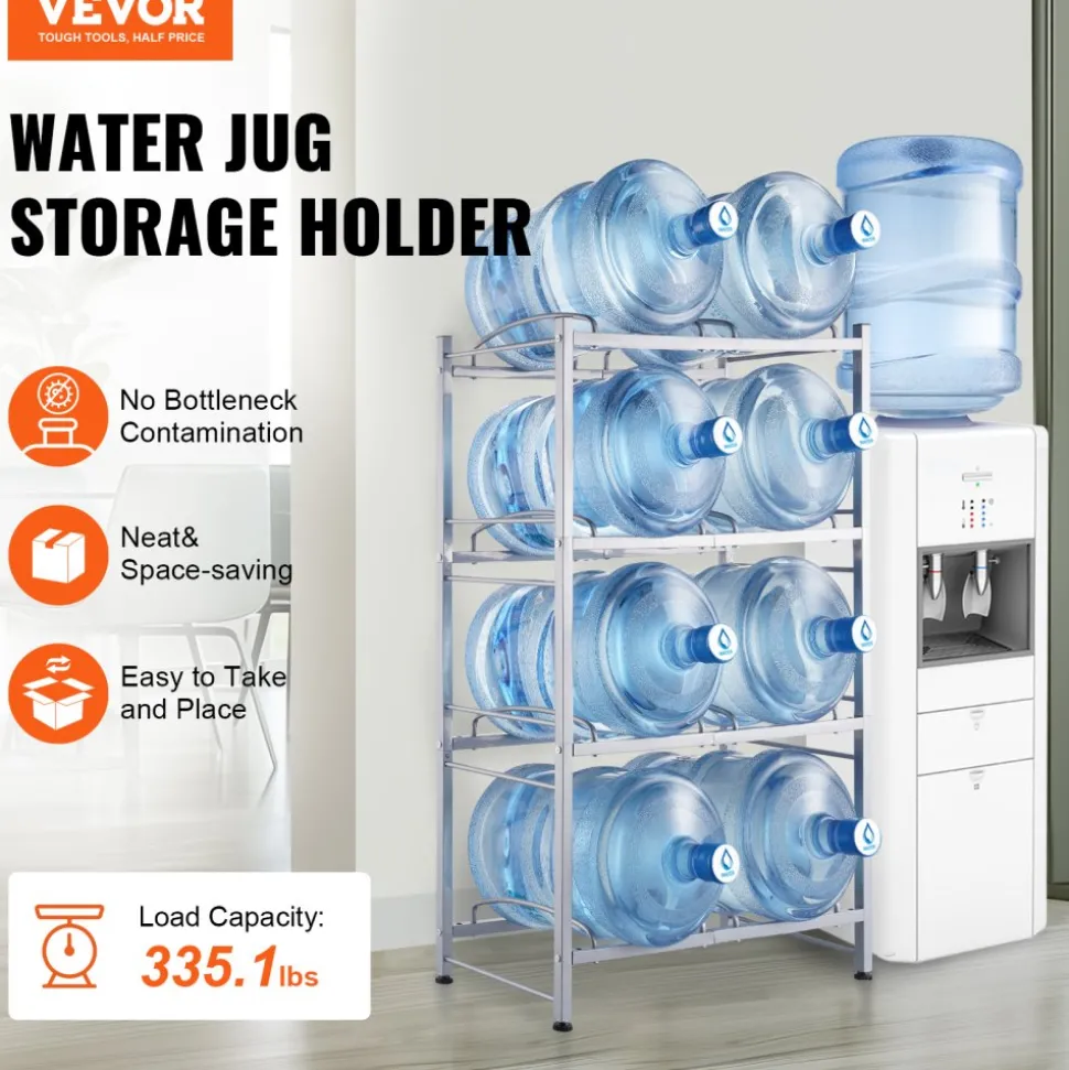 VEVOR 4 Tiers Water Jug Holder, 5 Gallon Water Bottle Holder, Double Row Water Bottle Rack for 8 Bottles, Heavy Duty Water Jug Rack for Kitchen, Office, Living Room, Silver