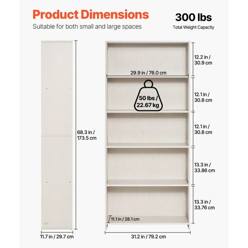 VEVOR 5 Tiers Wide Bookshelf, 68 in Wooden Open Bookcase with Display Storage Organizer Shelf, Freestanding Tall Display Floor Bookcase Bookshelf for Library, Bedroom, Living Room, Office, White