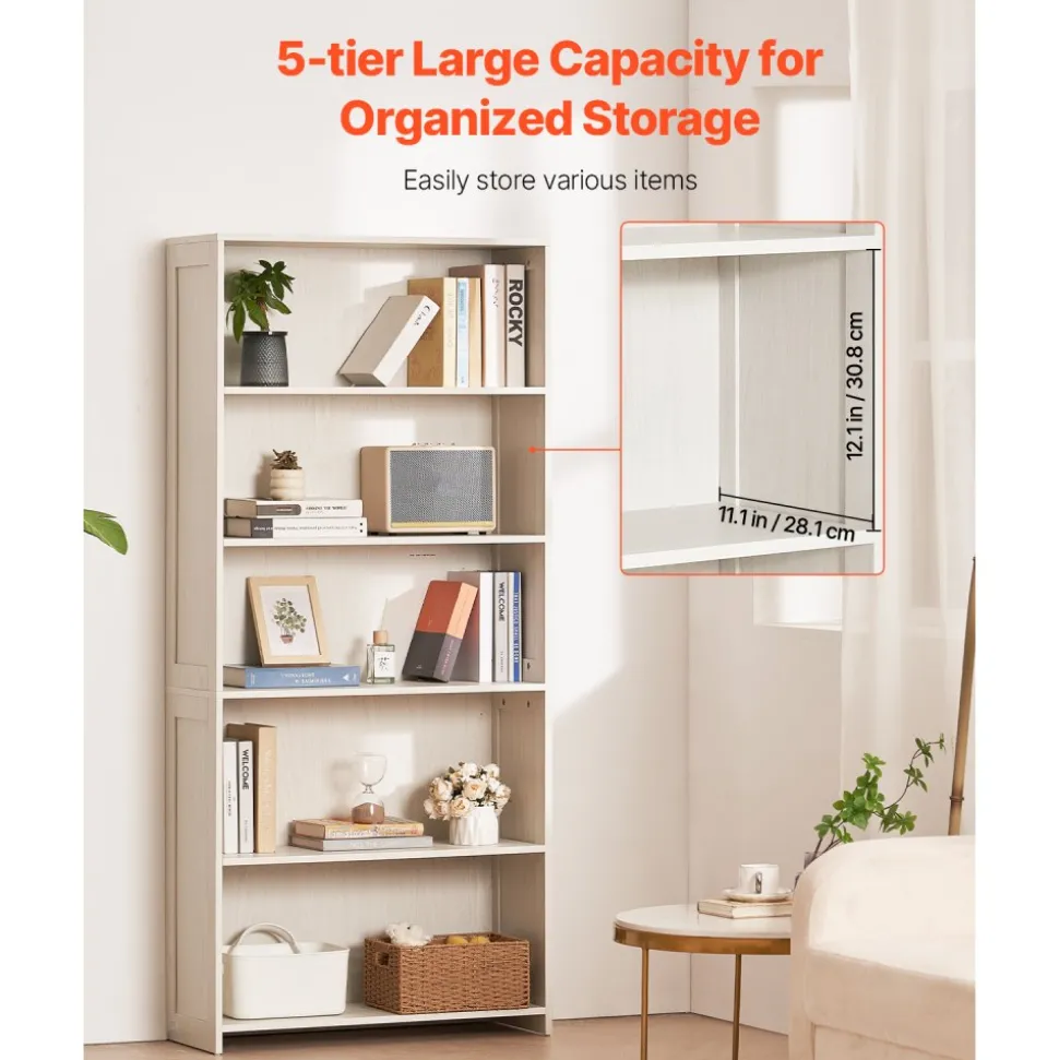 VEVOR 5 Tiers Wide Bookshelf, 68 in Wooden Open Bookcase with Display Storage Organizer Shelf, Freestanding Tall Display Floor Bookcase Bookshelf for Library, Bedroom, Living Room, Office, White