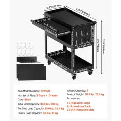 VEVOR 4-Tier Tool Cart with Wheels, 350 lbs Load Capacity, Rolling Work Cart with Drawer & Pegboard, Mechanic Tool Storage Organizer with Locking System for Garage, Warehouse and Repair Shop, Black