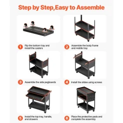 VEVOR 4-Tier Tool Cart with Wheels, 350 lbs Load Capacity, Rolling Work Cart with Drawer & Pegboard, Mechanic Tool Storage Organizer with Locking System for Garage, Warehouse and Repair Shop, Black